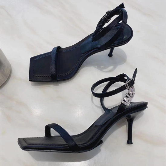 2022 New Square Toe Women Sandals Crystal Letters Decor Women Pumps Sexy High Heels Silk Wedding Dress Shoes Gladiator Sandal